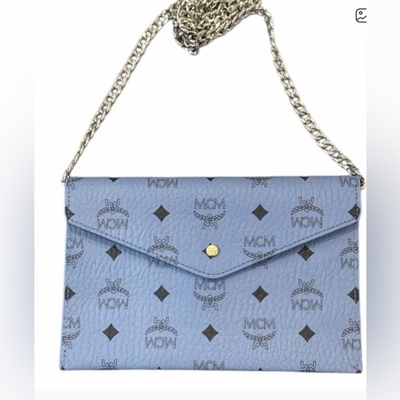 MCM Handbags - MCM Sky Blue Visetos Envelope Coated Canvas Pouch Clutch